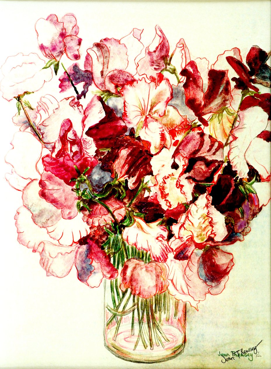 Sweet Peas, 2005, (vattenfärg) av Joan Thewsey