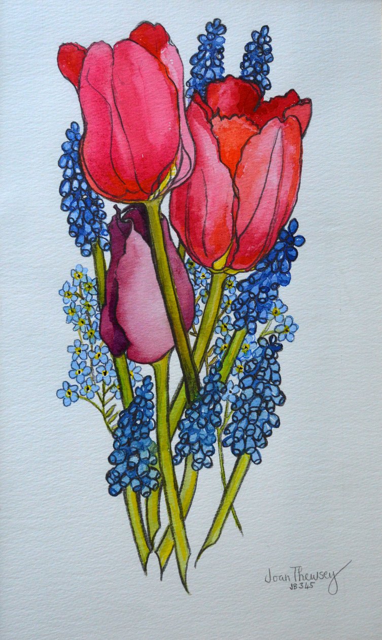 Tulpaner, muscari och förgätmigej, 2002, av Joan Thewsey