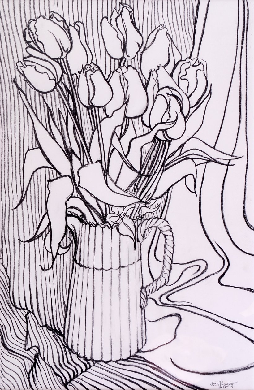 Tulpaner mot en randig duk, 2000, grafit av Joan Thewsey