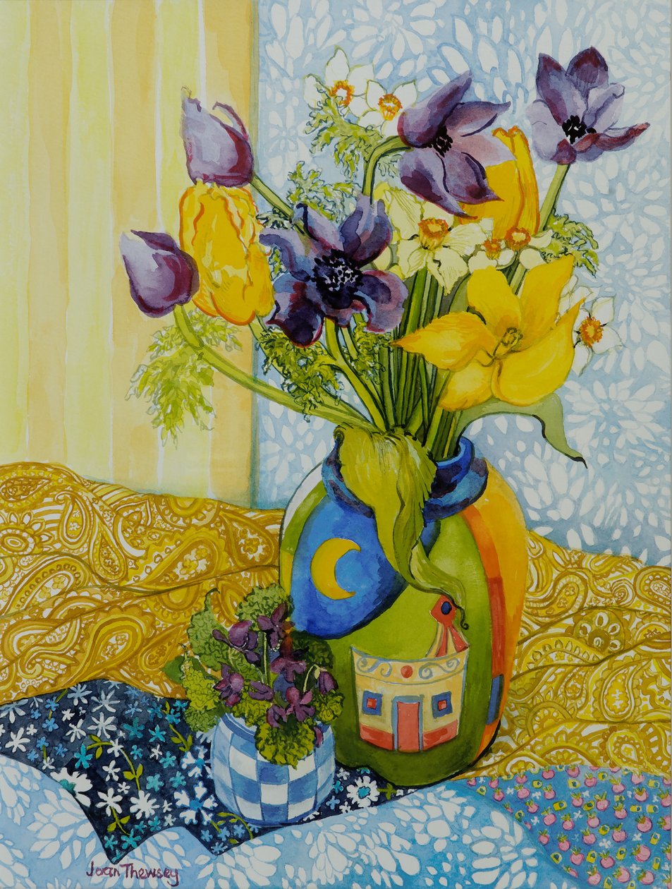 Tulpaner och anemoner med en kruka med violer, 2010, akvarell av Joan Thewsey