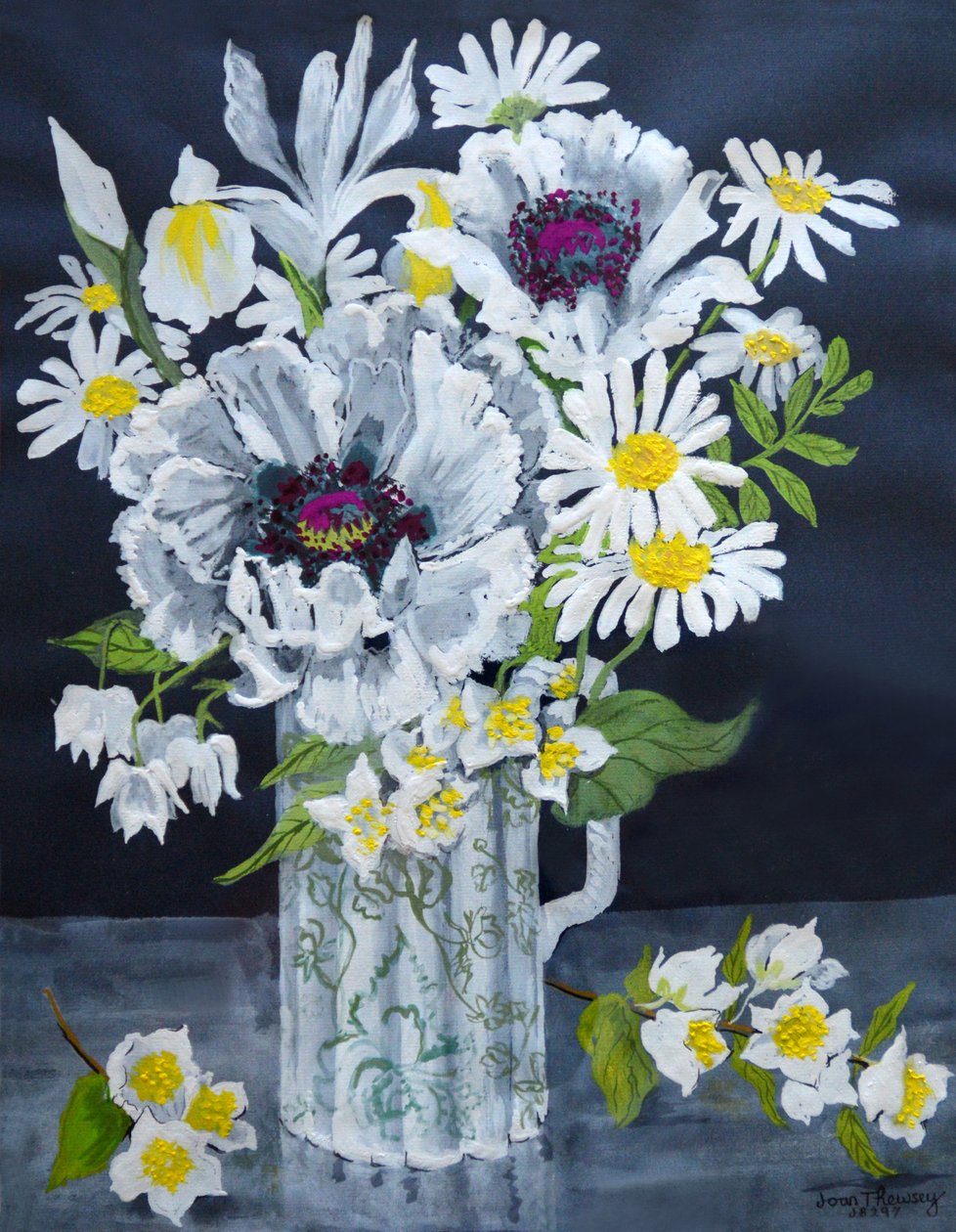 Vita vallmo, Marguerites och Philadelphus, (gouache) av Joan Thewsey