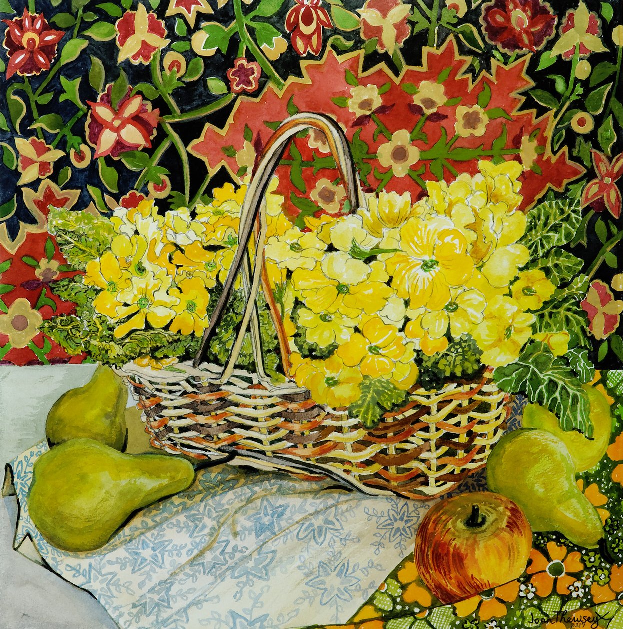 Gula primörer i en korg, med frukt och textilier, 2010. vattenfärg av Joan Thewsey
