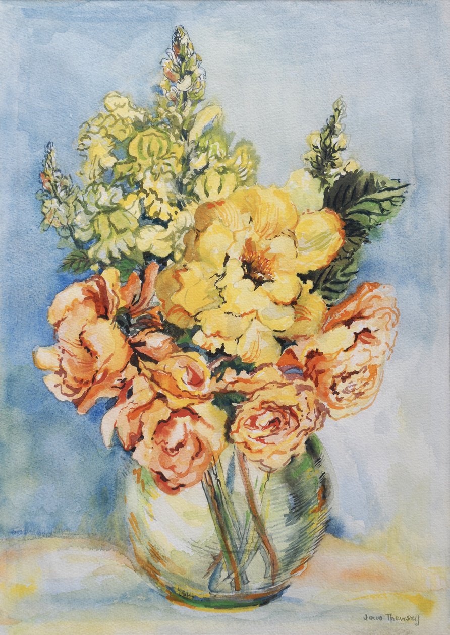 Yellow Roses and Antirrhinums, 2001, (wc på handgjort papper) av Joan Thewsey