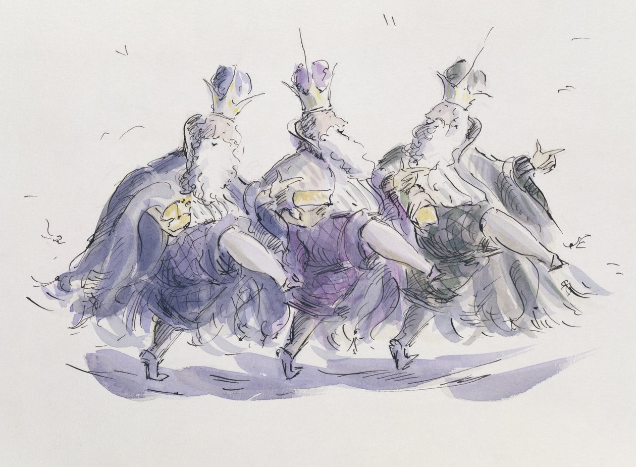 Three Kings Dancing a Jig (penna & bläck och wc på papper) av Joanna Logan