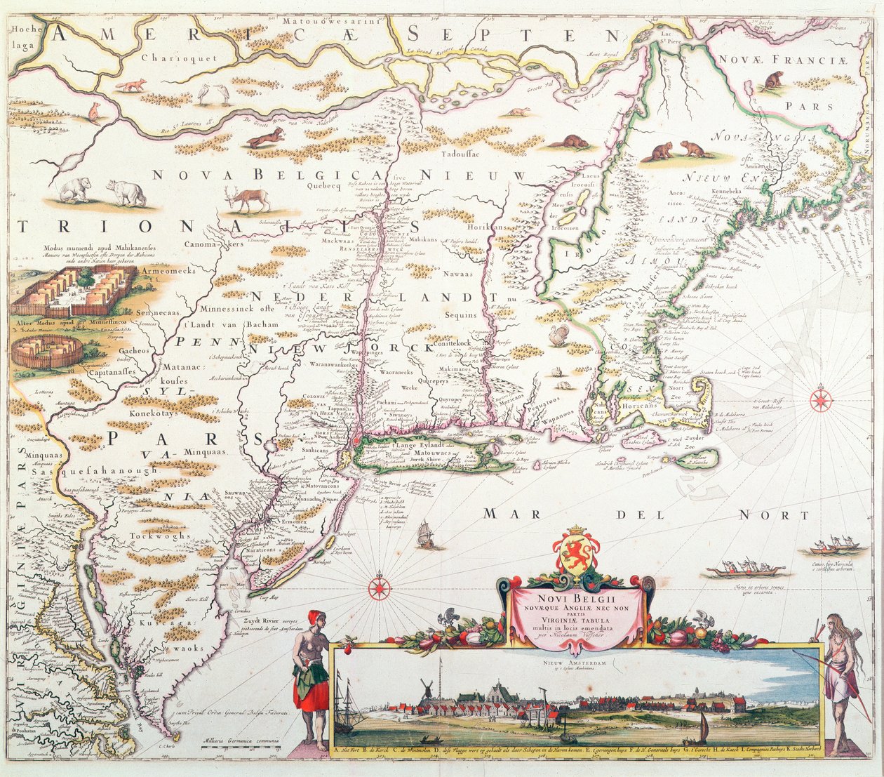 Karta över Nya Belgien med utsikt över New Amsterdam, sammanställd av Nicolaes Visscher (1618-1709) c.1651-55 (handfärgad gravyr) av Joannes Jansson