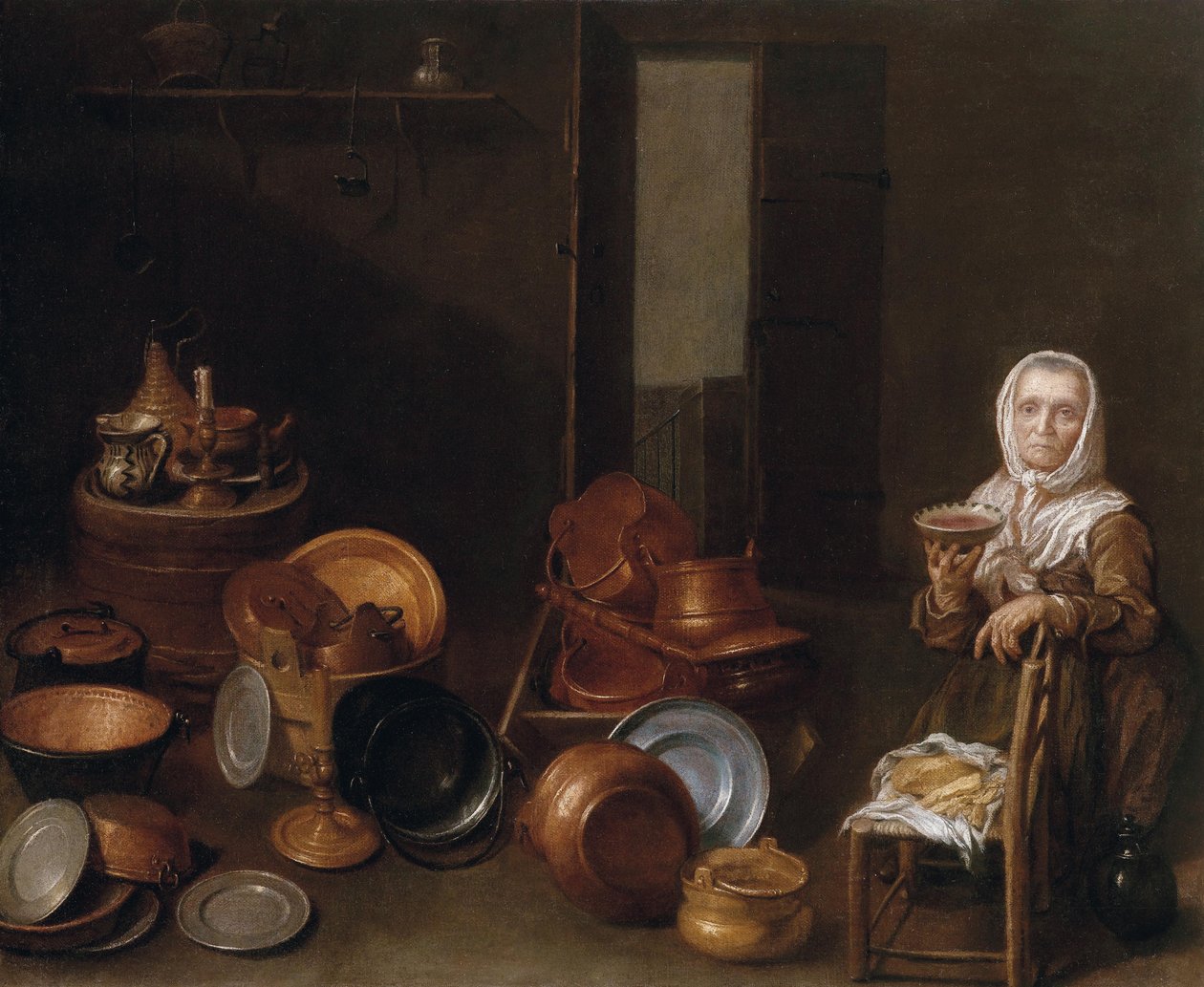 Kitchen interior with an old women av Joannes de Cordua