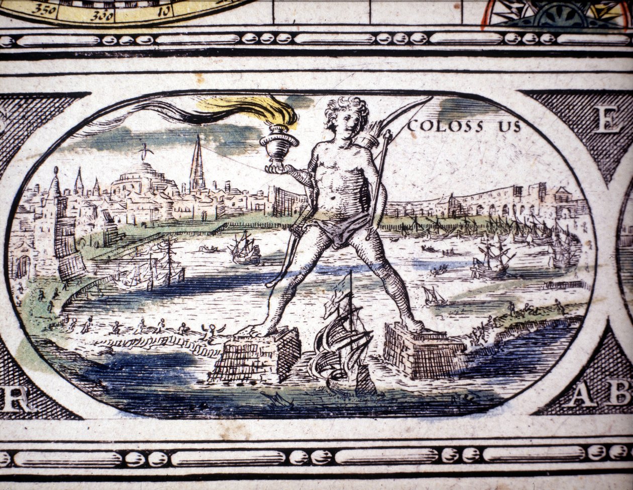 Representation av antikens sju underverk: Kolossen på Rhodos. i Janssons atlas Jannsonius tryckt i Amsterdam 1630. Privat samling. av Joannes Jansson