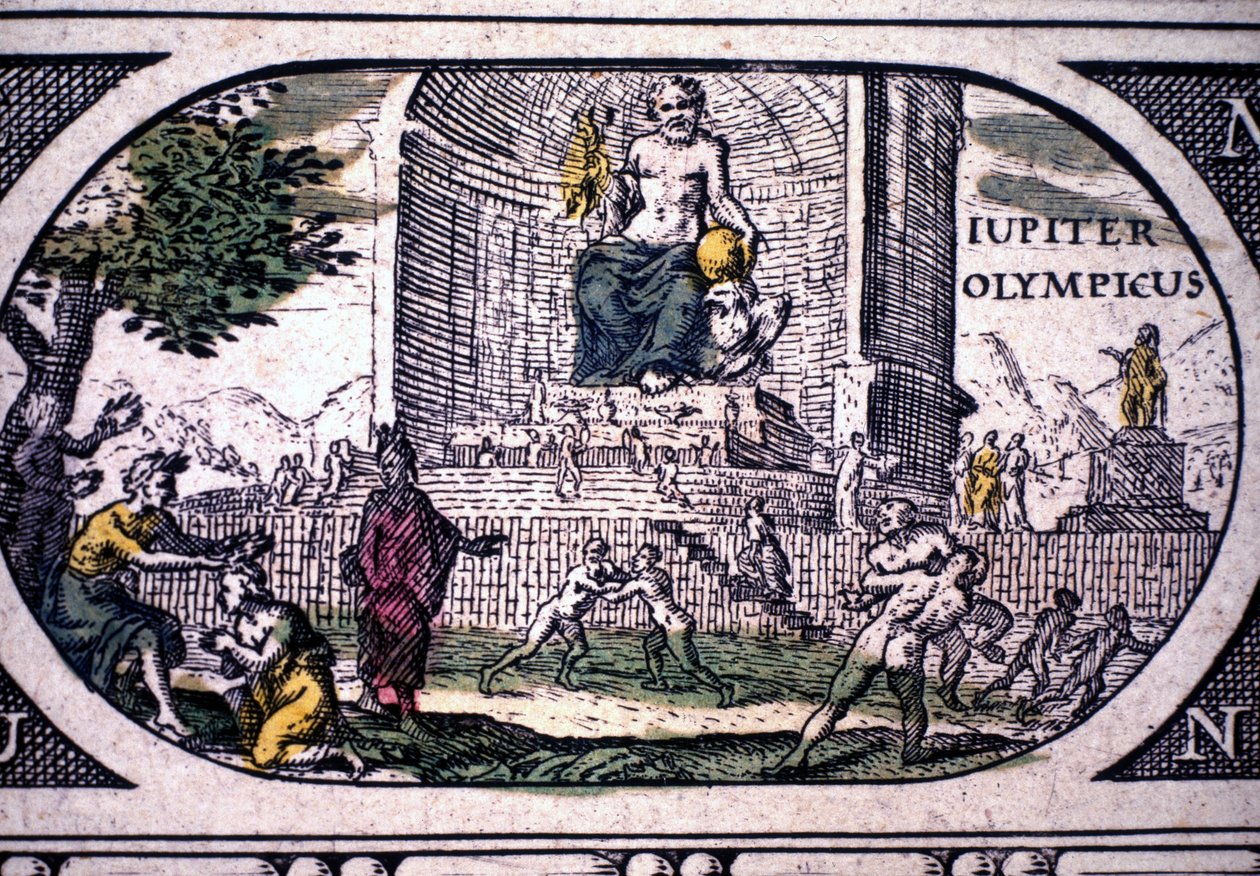 Representation av antikens sju underverk: statyn av Jupiter (Zeus) av Phidias - i ""Atlasen"" av Jansson Jannsonius, tryckt i Amsterdam 1630 av Joannes Jansson