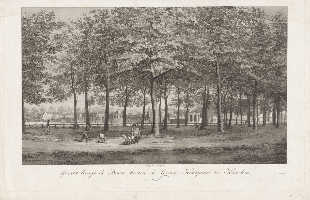 Utsikt över Baan i Haarlem Baan utanför Groot Houtpoort i Haarlem 1809 (titel på objekt) av Joannes Pieter Visser Bender