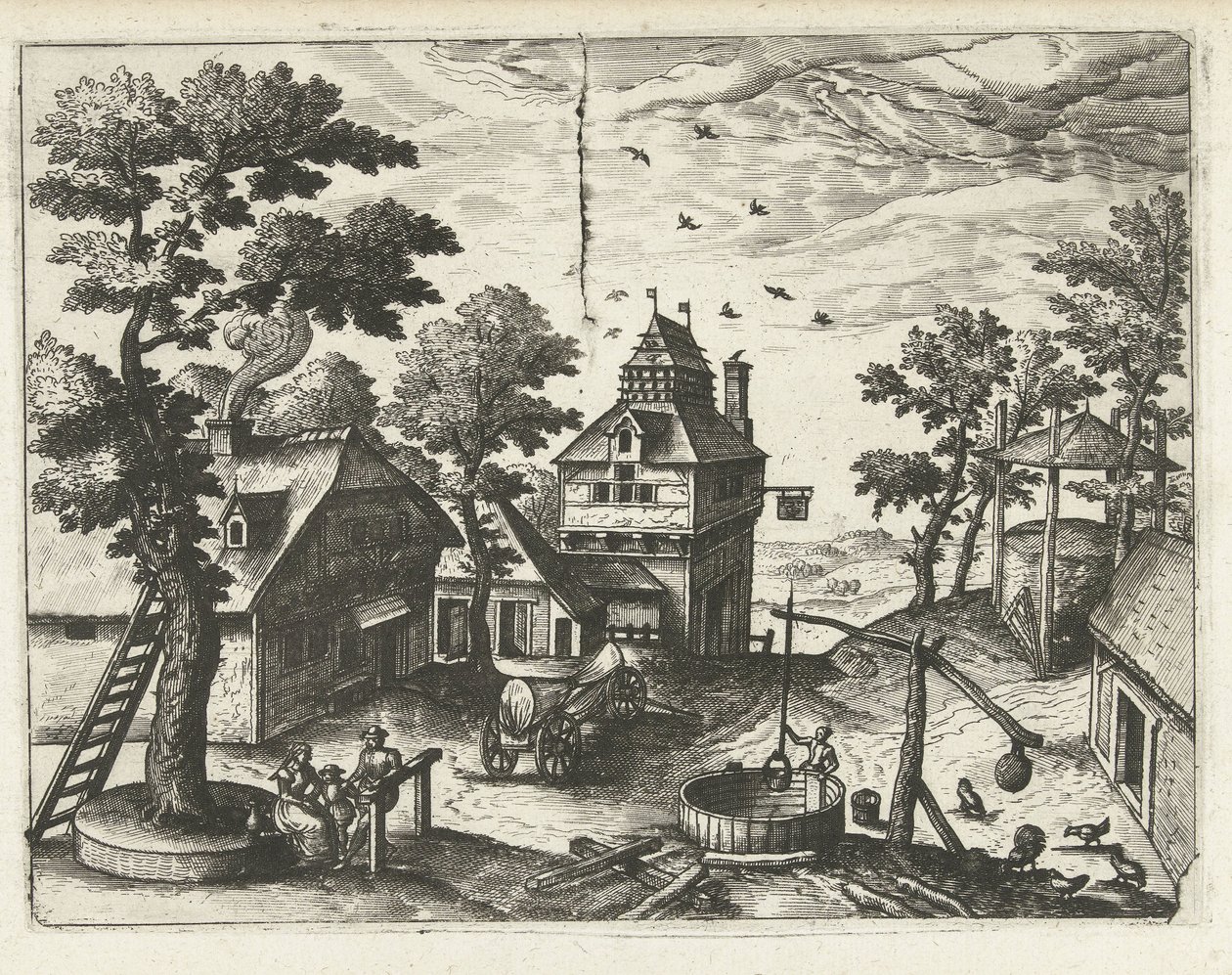Värdshus med brunn Landskap, havslandskap och fantasifulla stadsbilder (serietitel) av Joannes van Doetechum (I) (attributed to)