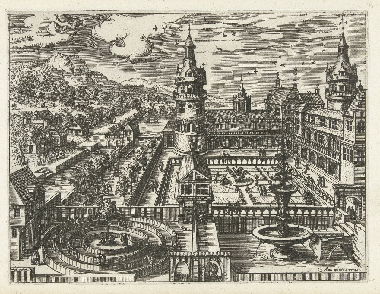 Slott med labyrint och fontän Landskap, havslandskap och fantasifulla stadsbilder (serietitel) av Joannes van Doetechum (I) (attributed to)