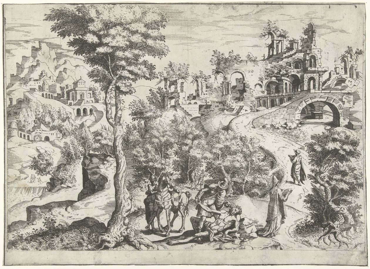 Landskap med den barmhärtige samariten av Joannes van Doetechum (I) (attributed to)