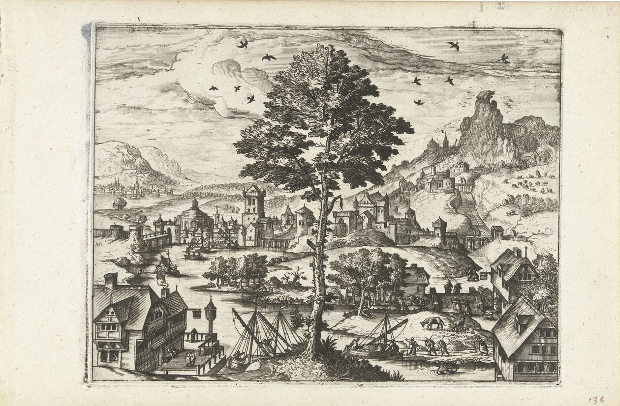 Landskap med en stad vid en flod Landskap, havslandskap och fantasifulla stadslandskap (serietitel) av Joannes van Doetechum (I) (attributed to)
