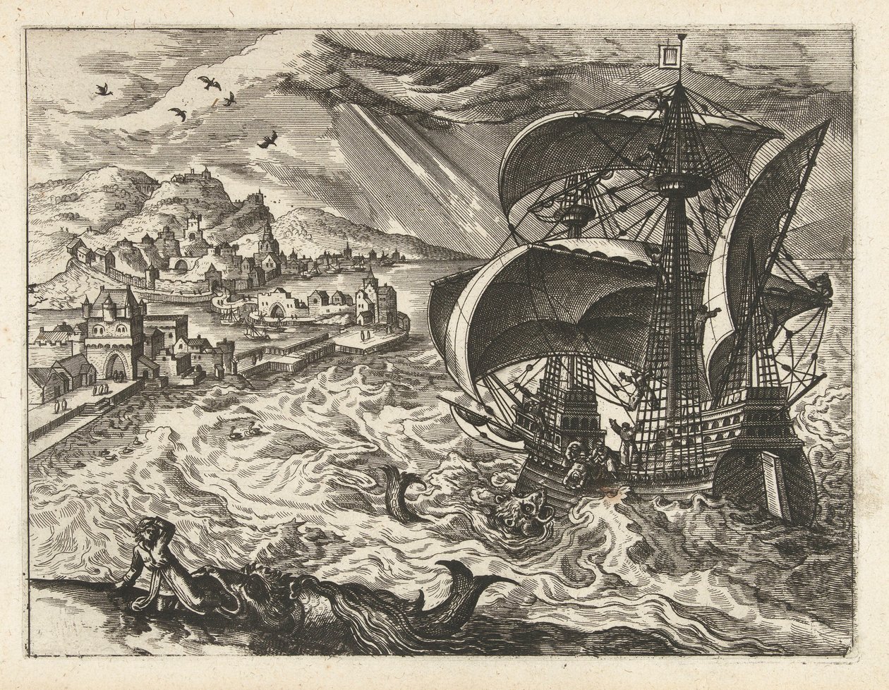 Seascape med Jonah and the Whale Landskap, havslandskap och fantasifulla stadsbilder (serietitel) av Joannes van Doetechum (I) (attributed to)
