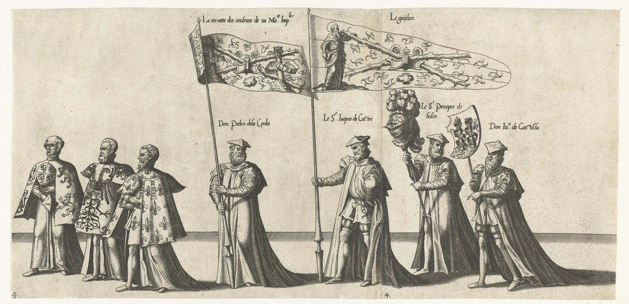 Deel van de optocht, nr. 3 i 4 Begrafenisoptocht van keizer Karel V, 1558 (serietitel) Den magnifika och överdådiga begravningspumpen, framförd vid begravningen och begravningen av den mycket store och mycket segerrike kejsaren Charles Fifth, firad i stade av Joannes van Doetechum (I)