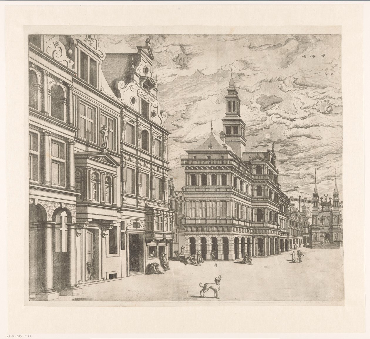 Utsikt över ett torg med monumentala byggnader av Joannes van Doetechum (I)
