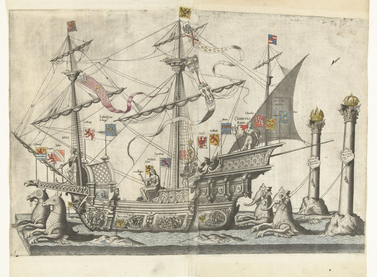 Het schip Victoria, nr. 5 Begrafenisoptocht van keizer Karel V, 1558 (serietitel) Den magnifika och överdådiga begravningspumpen, framförd vid begravningen och begravningen av den mycket store och mycket segerrike kejsaren Charles Fifth, firad i staden Bry av Joannes van Doetechum (I)