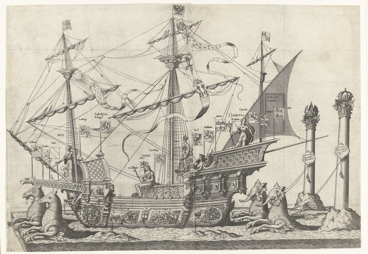 Skeppet Victoria, nr 5 Kejsar Karl Vs begravningståg, 1558 (serietitel) av Joannes van Doetechum (I)