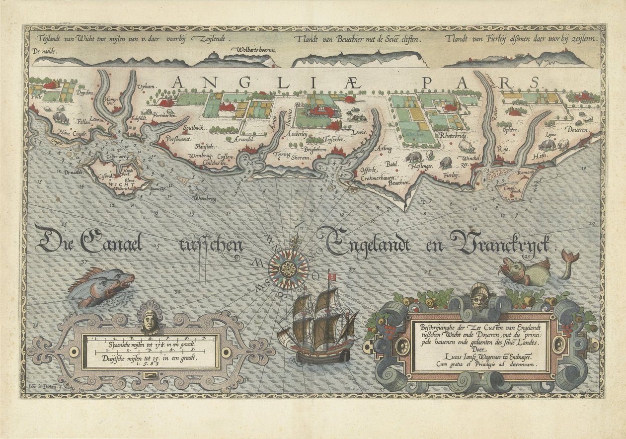 Karta över den sydengelska kusten mellan Isle of Wight och Dover Beskrivninghe der Zee Custen van Englandt between Wicht ende Doueren (titel på objekt) av Joannes van Doetechum (I)
