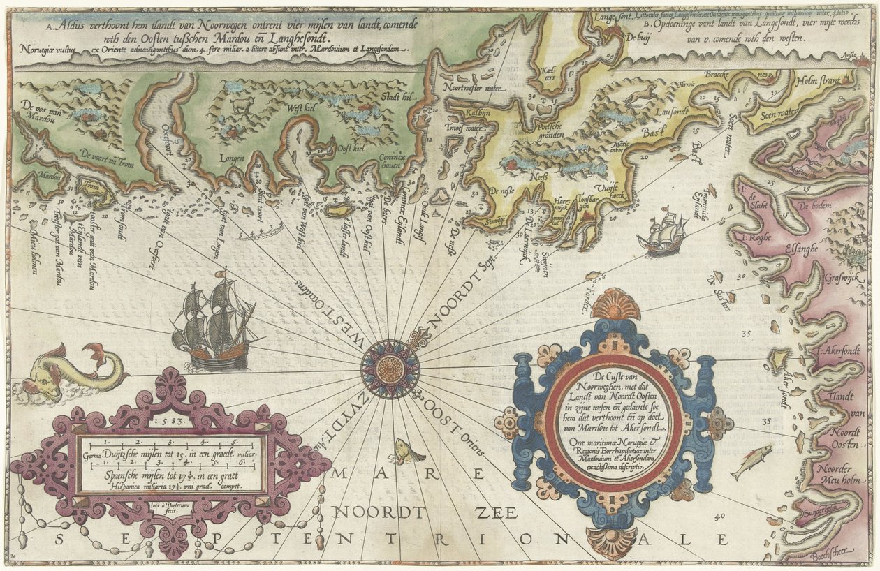 Karta över Norges och Sveriges kust mellan Merdøy och Uddevalla Custe van Noorweghen, med det landar van Noordt öster i dess väsen och formen (...) (titel på objektet) av Joannes van Doetechum (I)