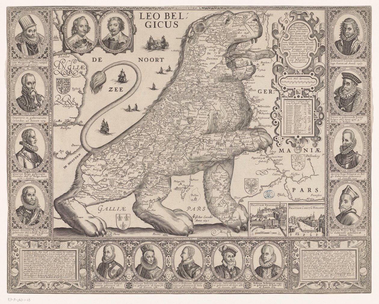 Karta över de sjutton provinserna i form av det holländska lejonet Leo Belgicus (titel på objekt) av Joannes van Doetechum (II)