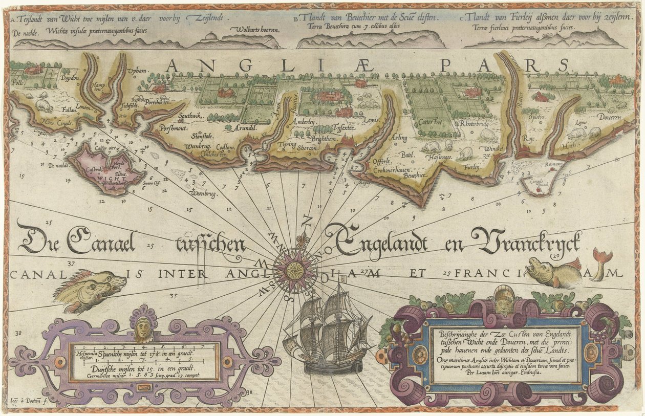 Karta över den engelska kusten mellan Isle of Wight och Dover av Joannes van Doetecum