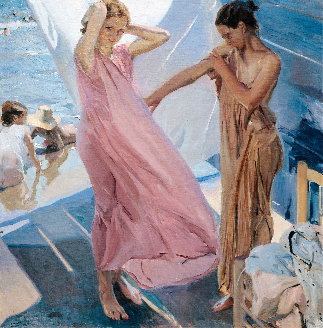 ""Apres le bain"" (Efter badet) två unga flickor byter om efter att ha badat i havet Målning av Joaquin Sorolla y Bastida (1863-1923) - 1909 - Olja på duk - Museo Sorolla Madrid av Joaquin Sorolla y Bastida