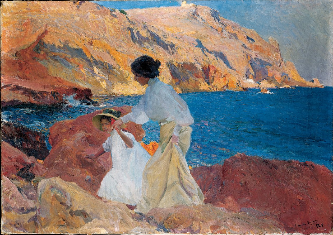 Clotilde och Elena on the Rocks, Javea, 1905 av Joaquín Sorolla