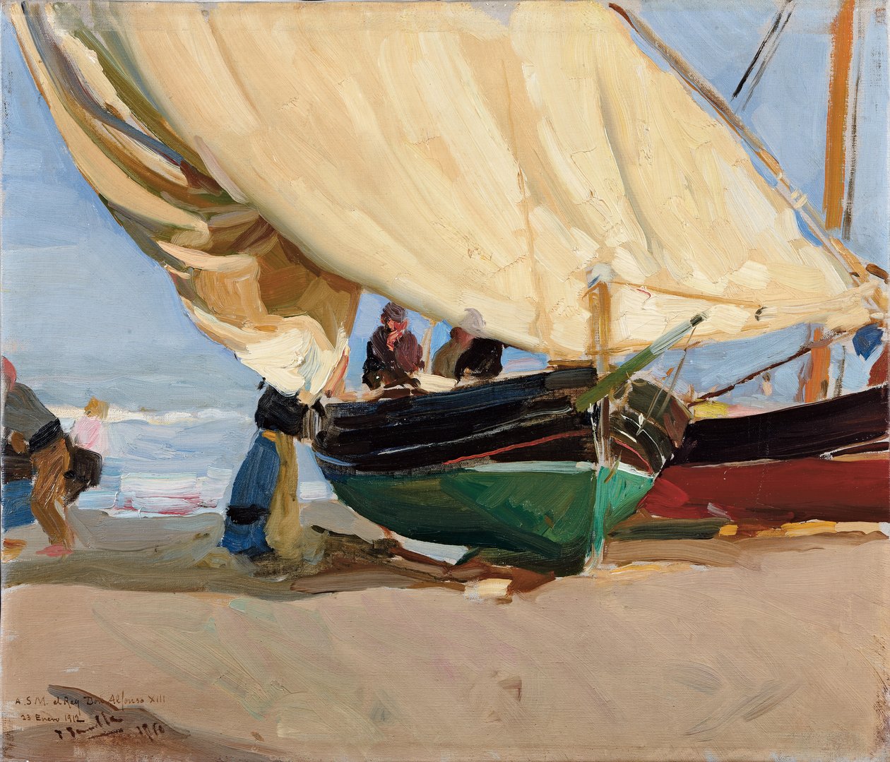 Fiskare, strandade båtar, Valencia; Fiskare, strandsatta båtar, Valencia, av Joaquín Sorolla