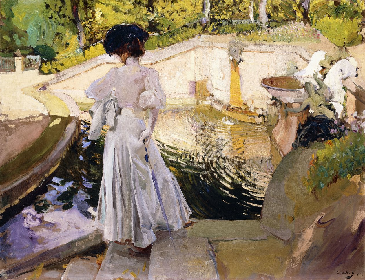 Maria tittar på fiskarna, Granja, 1907 av Joaquín Sorolla