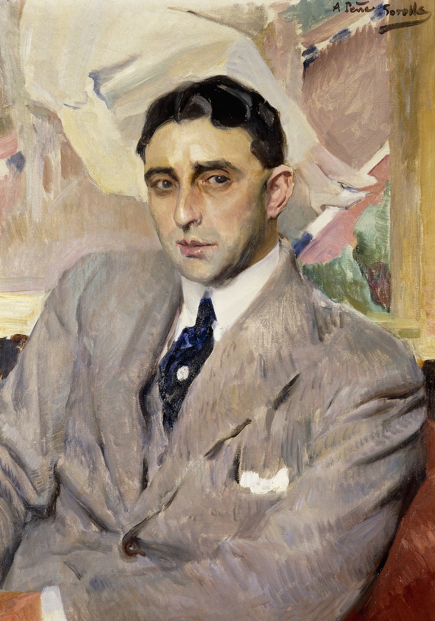 Porträtt av skådespelaren Ramon Pena, halvlångt, iklädd en grå kostym, av Joaquín Sorolla