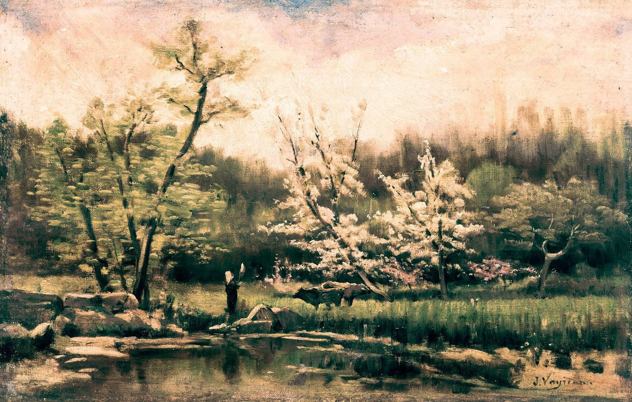 "" Vårlandskap "" Målning av Joaquim Vareyda i Vila (1843-1894). Omkring 1880. Barcelona. Kataloniens nationalmuseum för konst. av Joaquin Vayreda