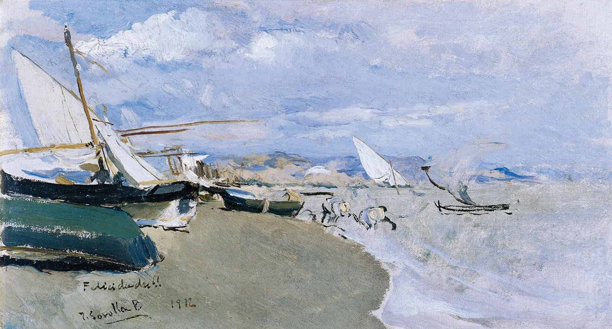 Barcas en la playa, Costa de Levante av Joaquín Sorolla