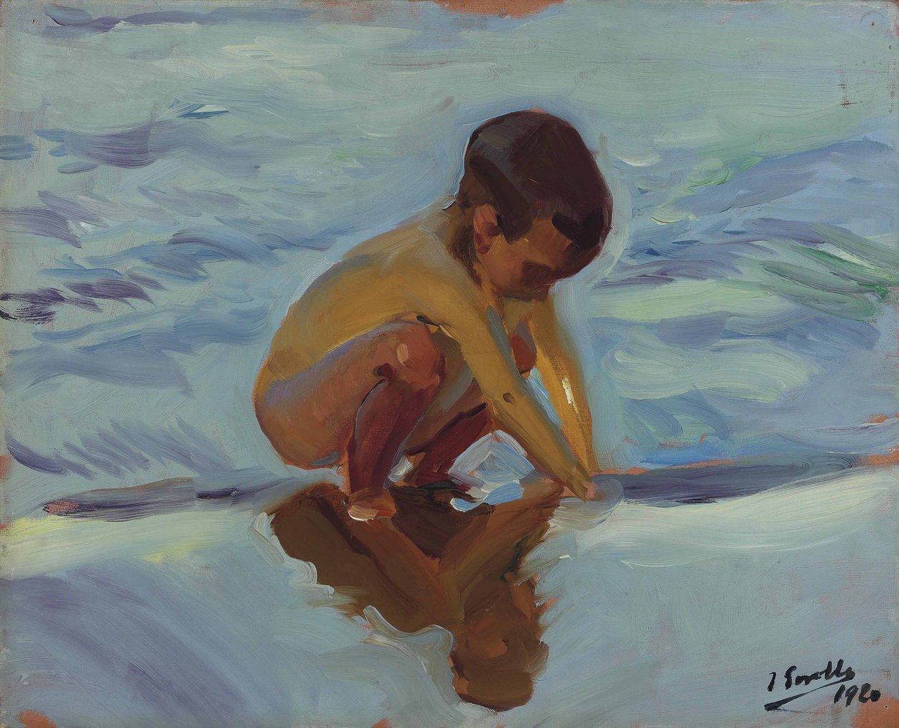 Contraluz en la playa, Niño agachado   av Joaquín Sorolla