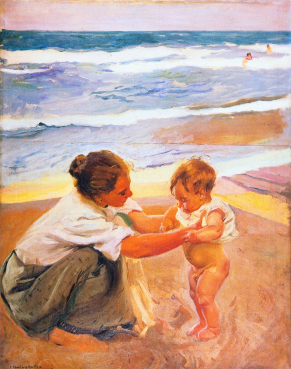 Mother and child on the beach av Joaquín Sorolla