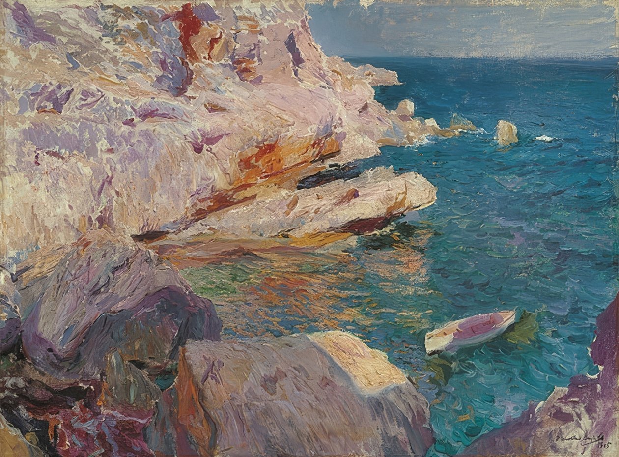 Jávea stenar med vit båt. 1905 av Joaquín Sorolla
