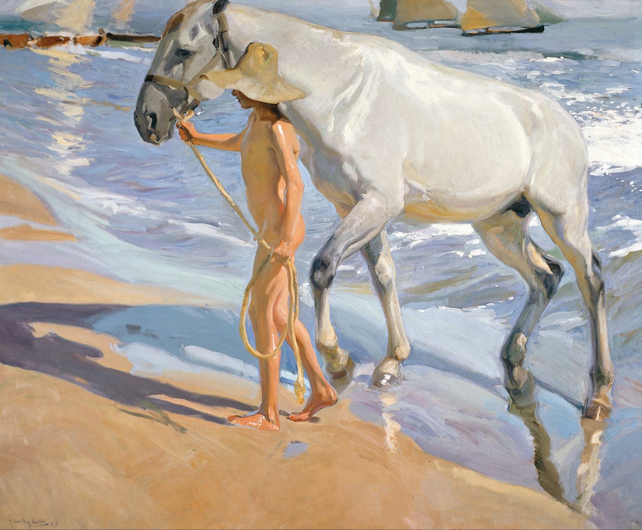 Tvätta hästen, 1909 av Joaquín Sorolla