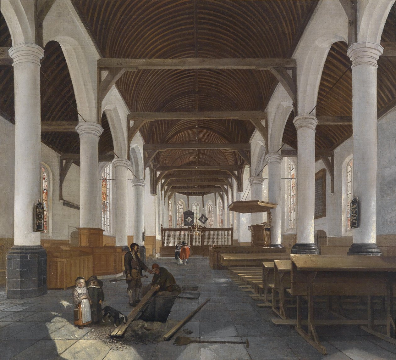 Das Innere einer barocken Kirche (die Oude Kerk in Amsterdam?) av Job Berckheyde