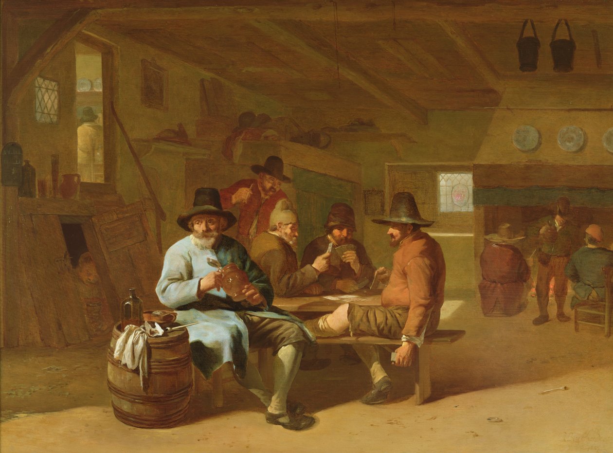 En kroginteriör med kortspelare, 1600-tal av Job Berckheyde
