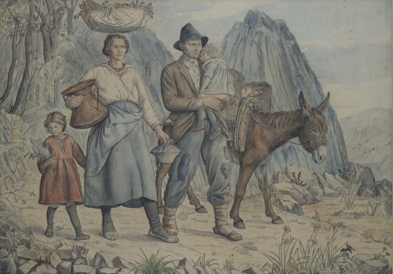 En familj från Anticoli Corrardo, På väg till marknaden, 1928 (wc med penna och bläck på papper) av Job Nixon