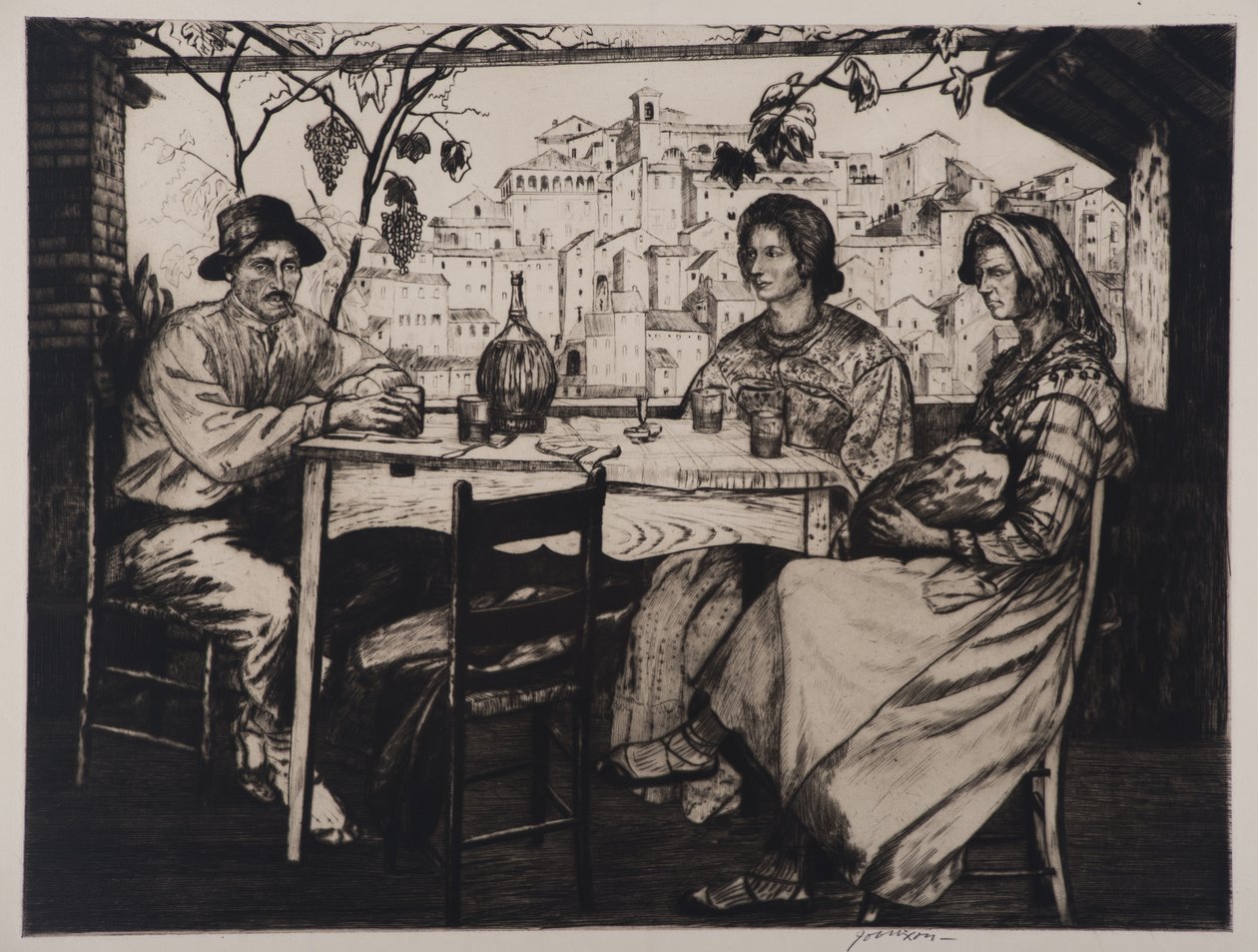 Una Trattoria, 1928 (etsning och torrnål) av Job Nixon