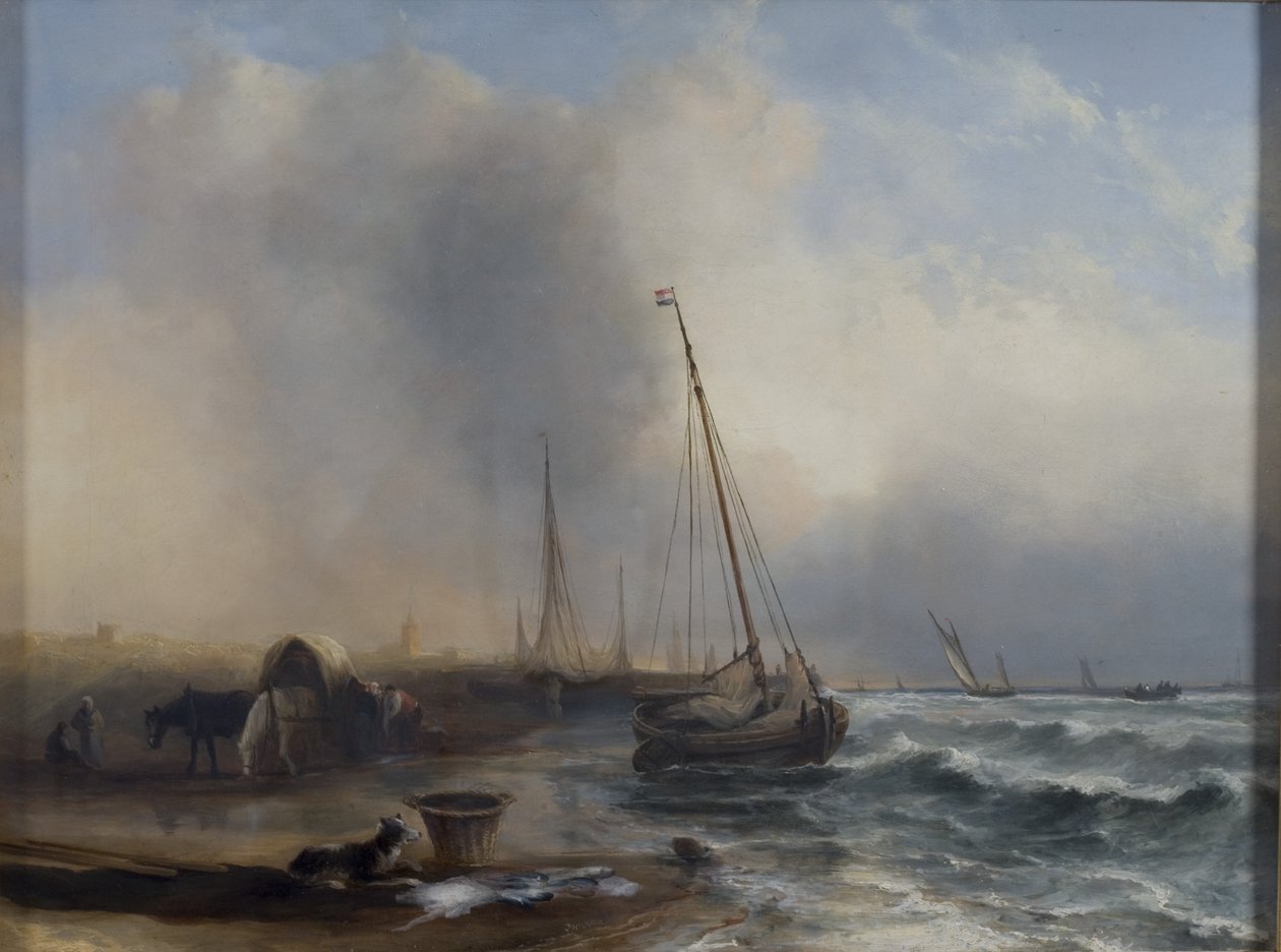 Havslandskap med båtar och figurer av Jock Wilson