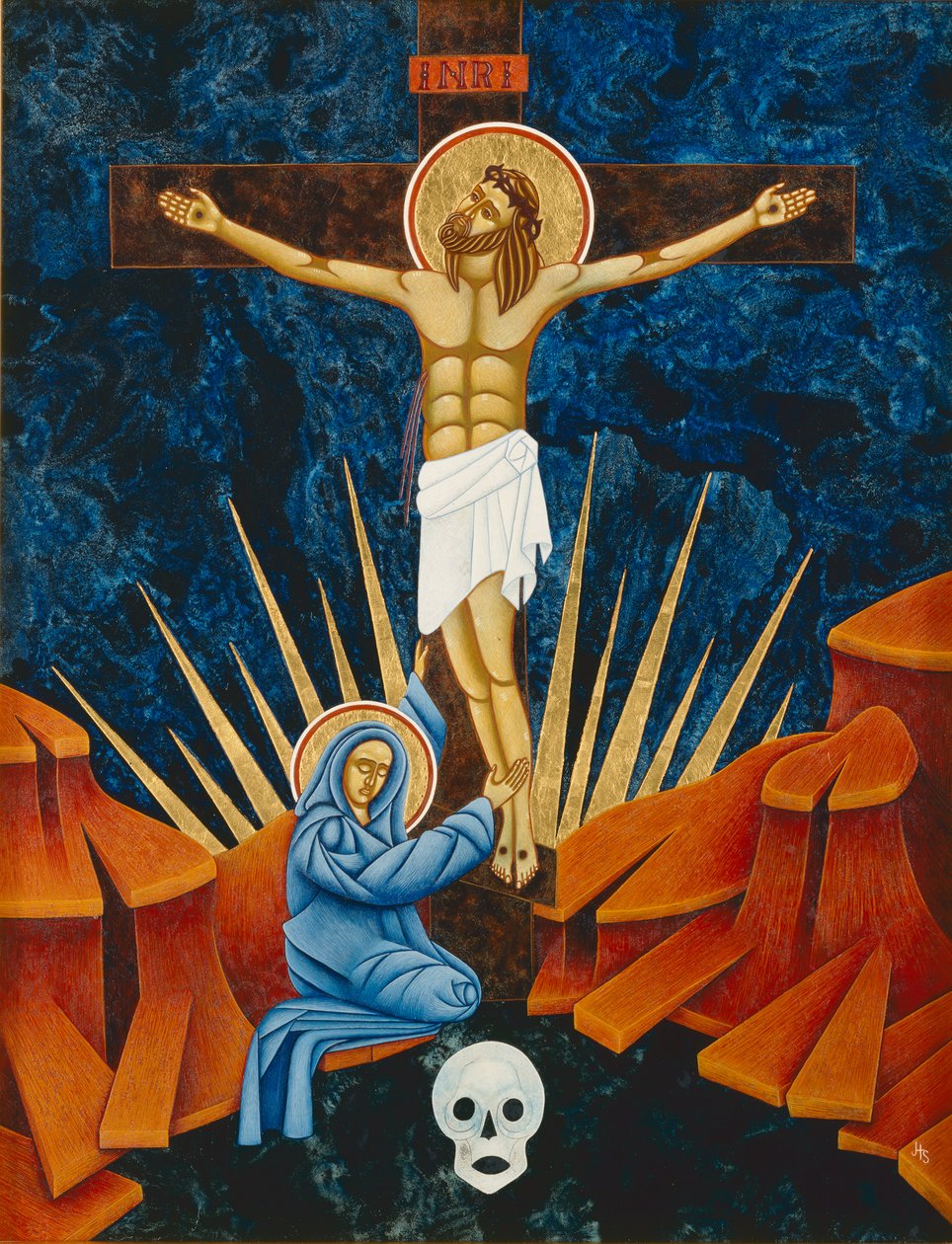 Korsfästelse, 2005 (äggtempera och 24k guld på trä) av Jodi Simmons