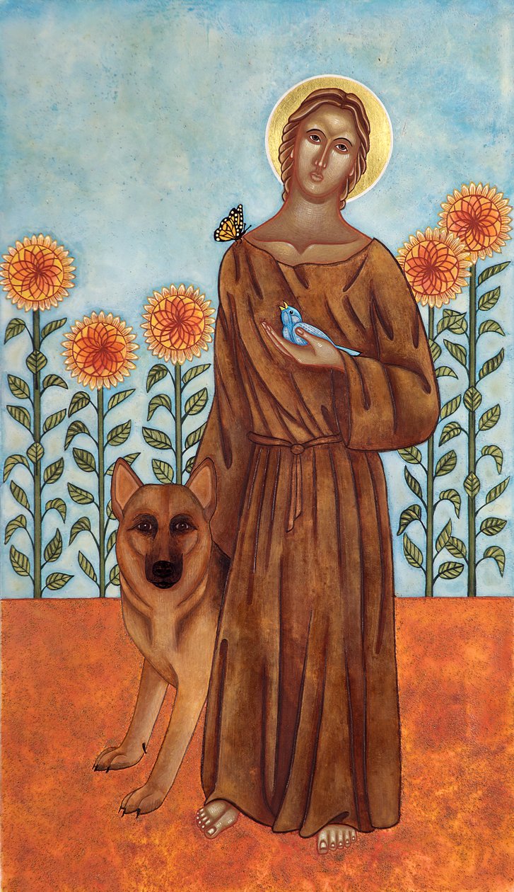Saint Francis and the Wolf of Gubbio, 2009 (äggtempera och 24k guld på trä) av Jodi Simmons
