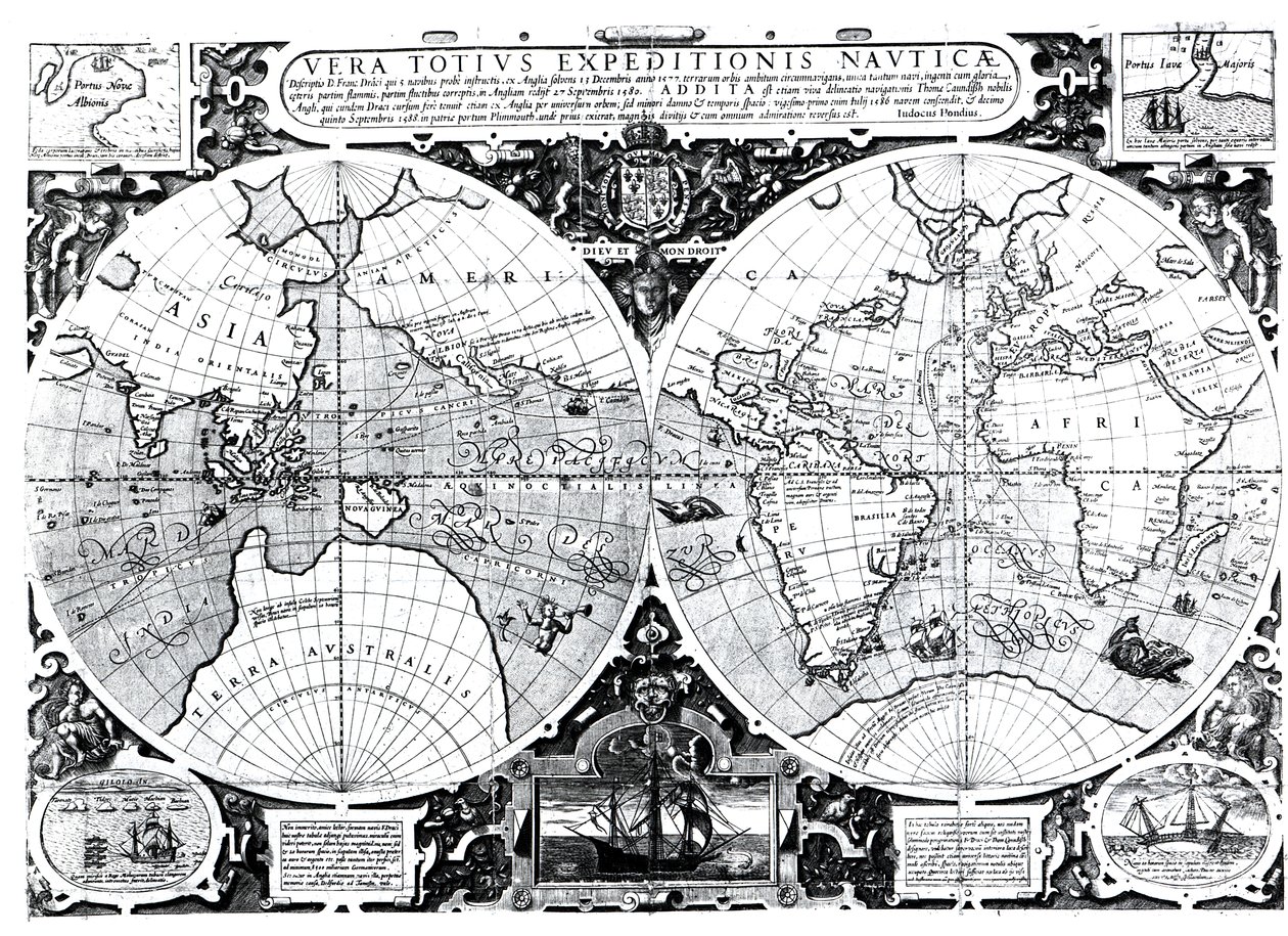 Världskarta; Vera Totius Expeditionis Nauticae, som kartlägger jordens omsegling av (vänster) Sir Francis Drake (1540-96) och (höger) Thomas Cavendish (1560-92) c.1595 av Jodocus Hondius