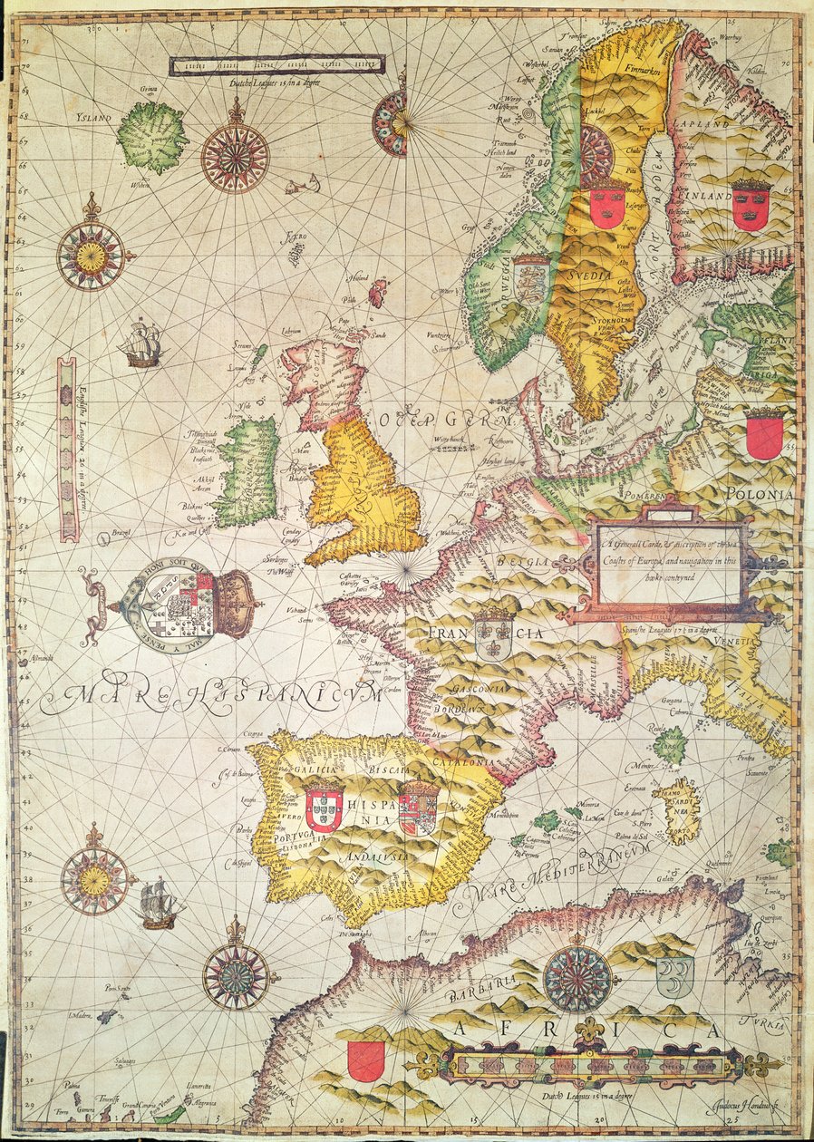 A Allmän vård och beskrivning av Europas havskuster och navigering i denna bok innehåller (handfärgad gravyr) av Jodocus Hondius