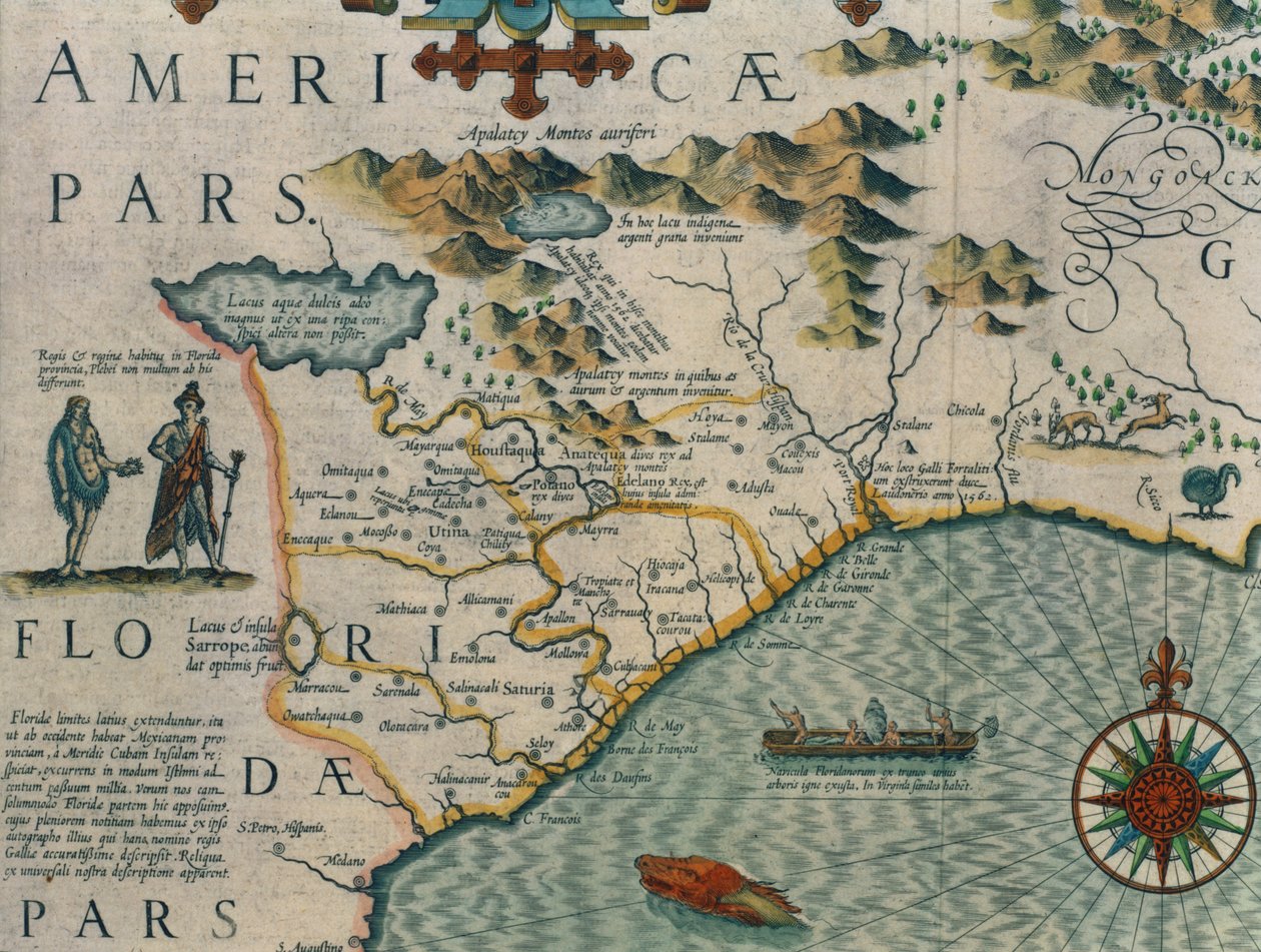 Coast of North Carolina, detalj på kartan med titeln Virginiae item et Floridae från Mercator Atlas... av 1606, pub. av Jodocus Hondius, 1619 handfärgad gravyr se även 66818, 81957 & 81958 av Jodocus Hondius