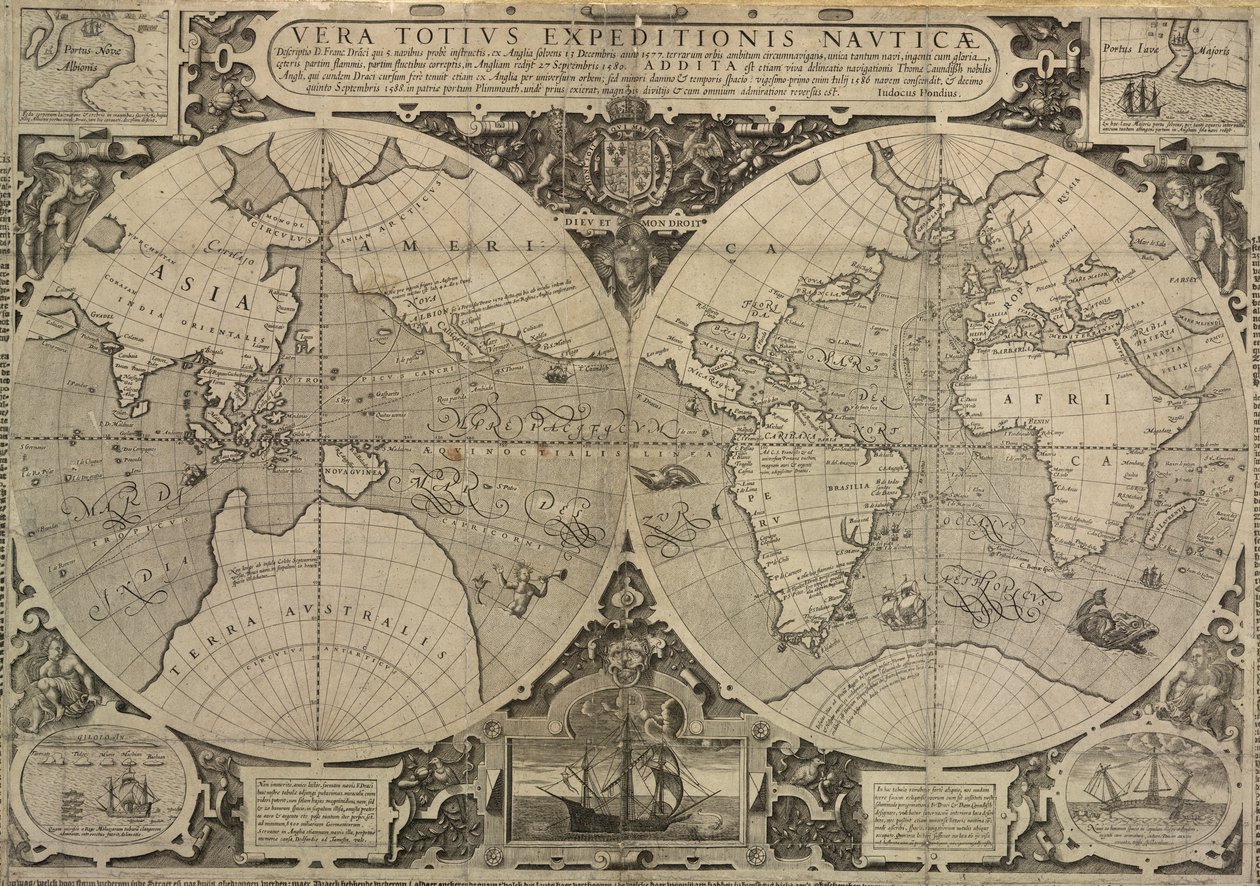 Drakes världsresa 1577-80, en sann berättelse om hela den nautiska expeditionen av Jodocus Hondius