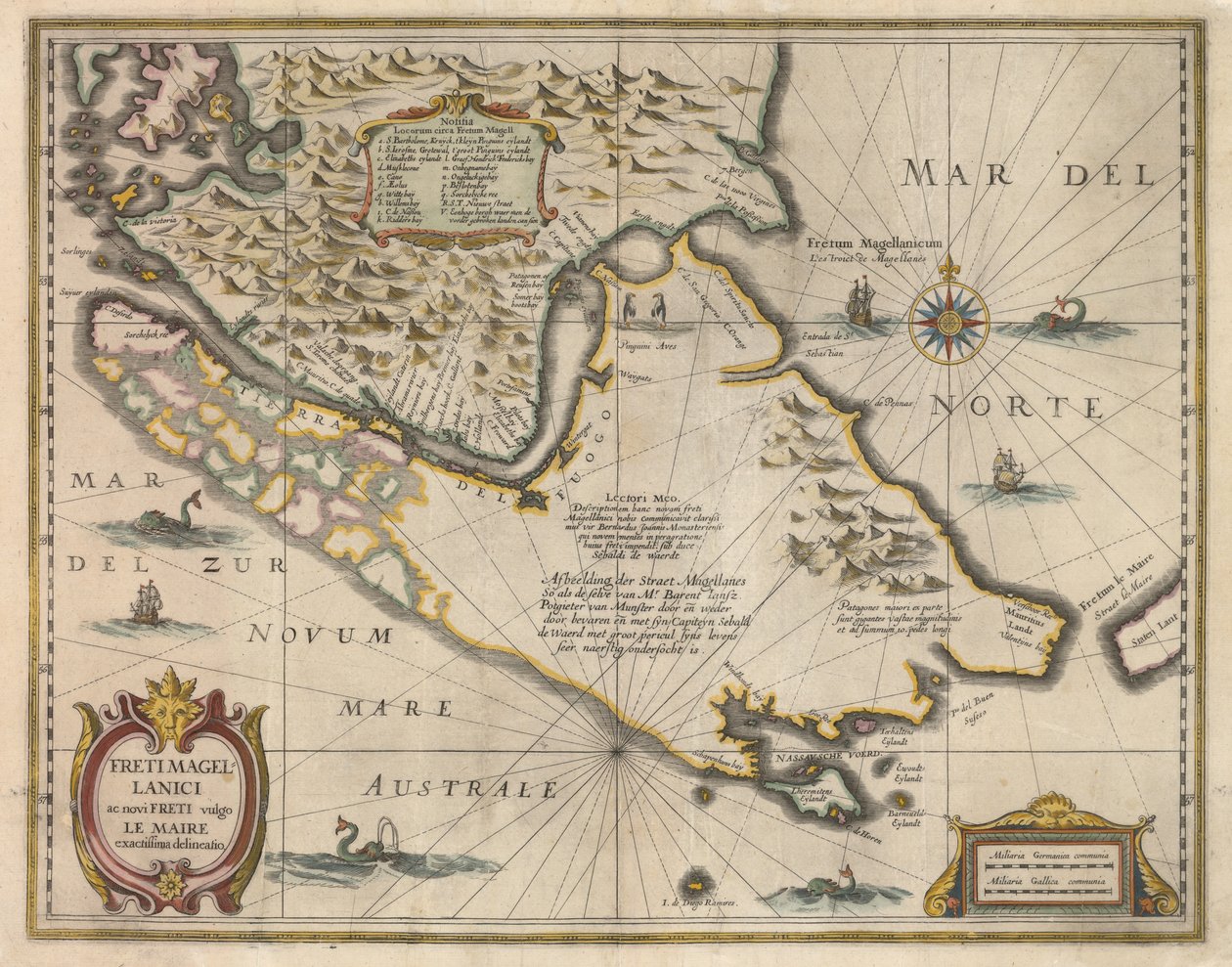 Den mest exakta avgränsningen av Magellanska sundet och de nya sundet allmänt kända som Le Maire, ca 1630 av Jodocus Hondius