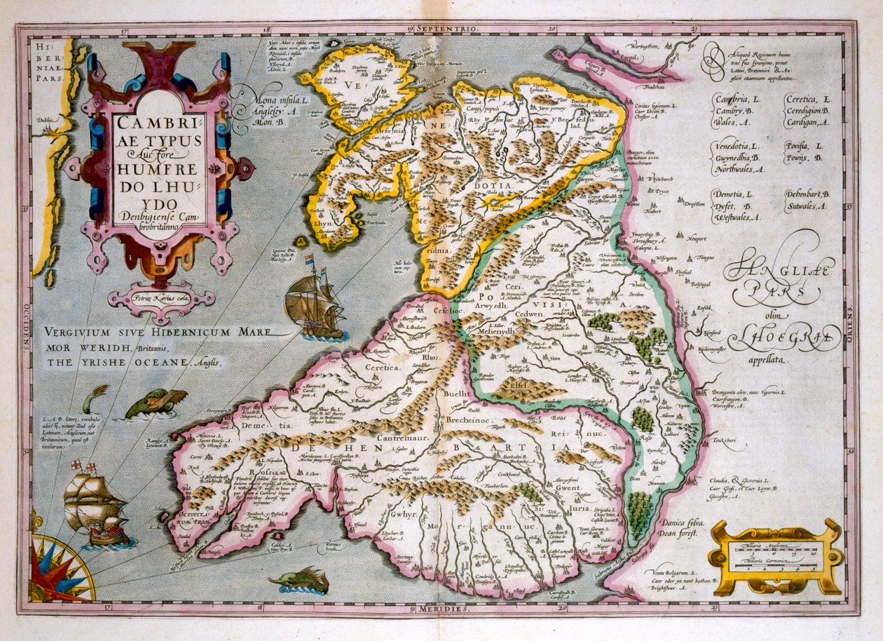 Karta över Wales, publicerad ca 1630 (handfärgad gravyr) av Jodocus Hondius